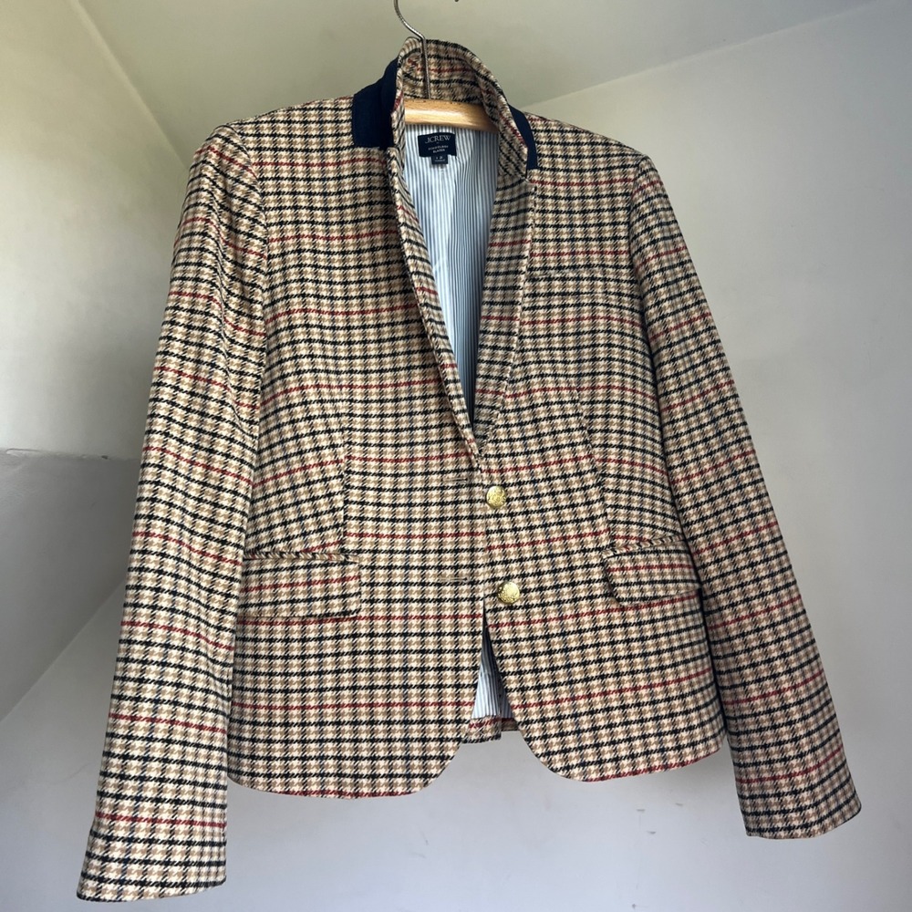 J. Crew Schoolboy Blazer 12 Tan Plaid Wool Blend Gold Crest Button Preppy Jacket - Picture 2 of 11